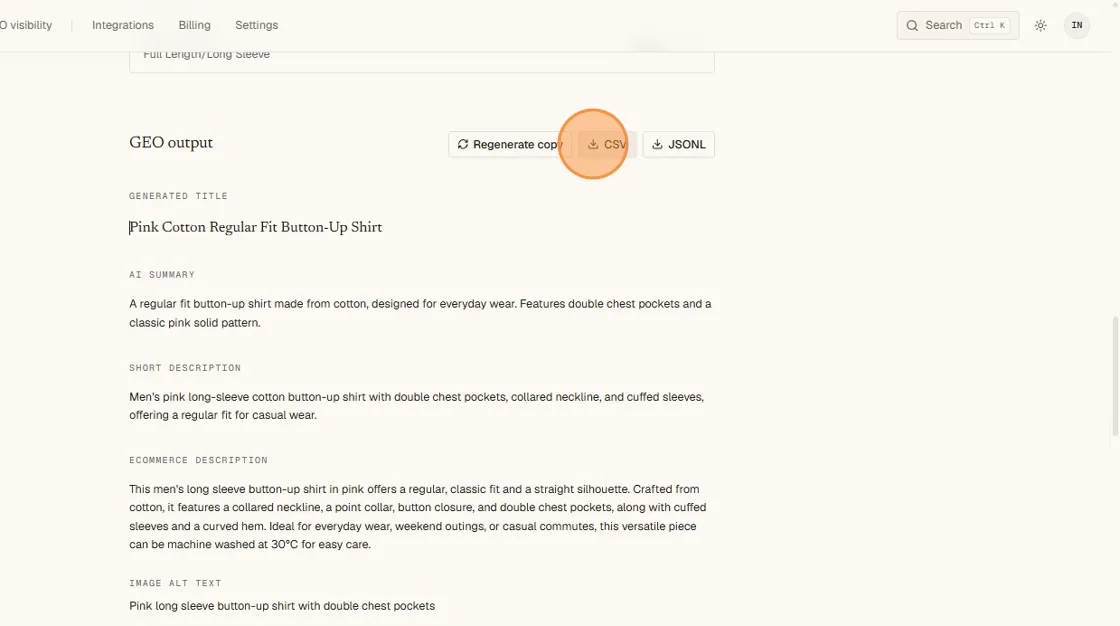 Click CSV for a spreadsheet or catalog workflow.