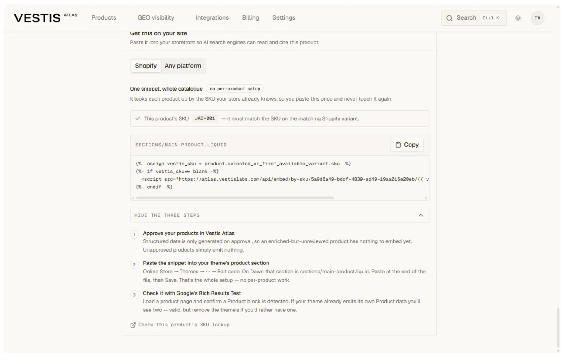 Use the Shopify section in Atlas to review the generated instructions.