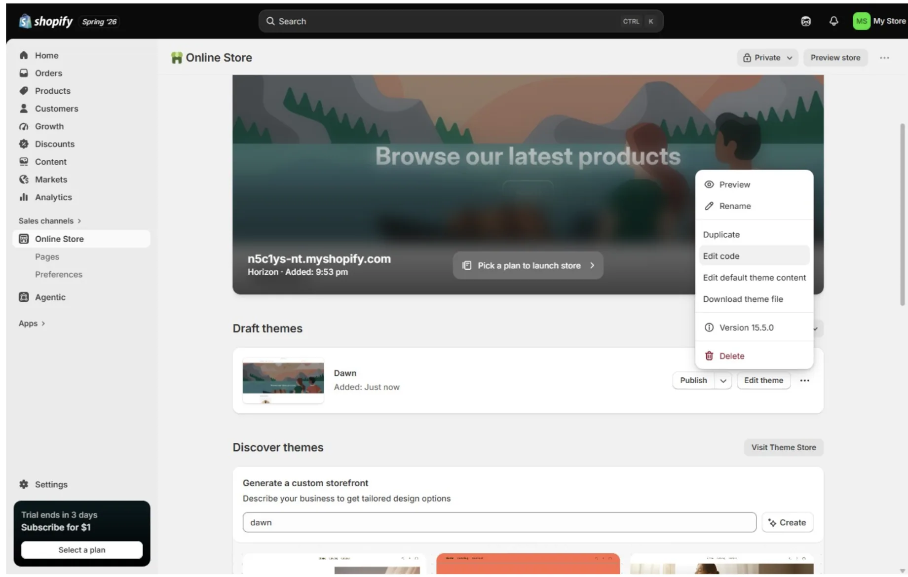 In Shopify Admin, open Online Store, then choose the theme that should contain the Atlas Style JSONL snippet.
