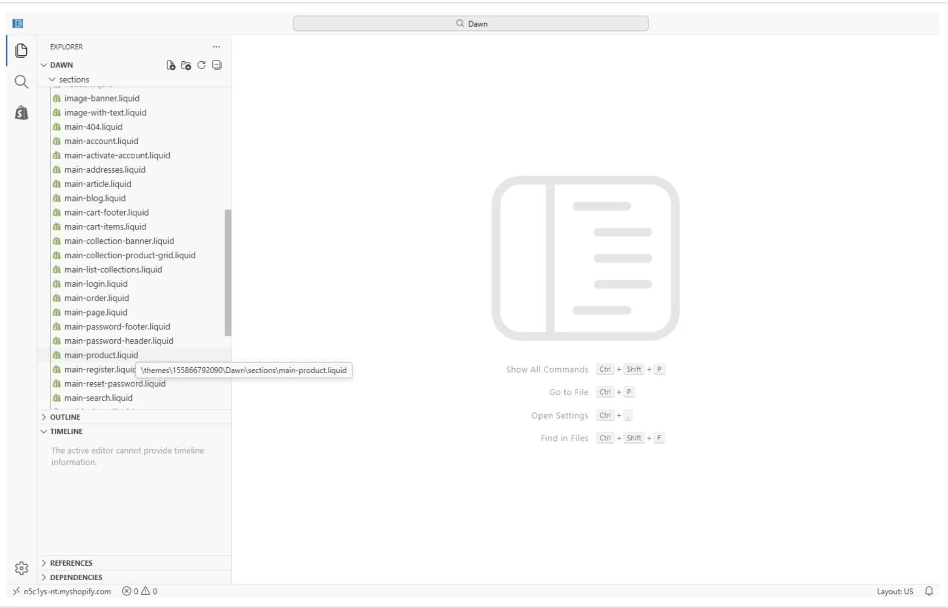 In the code editor, open the Sections folder and search for main-product.liquid.