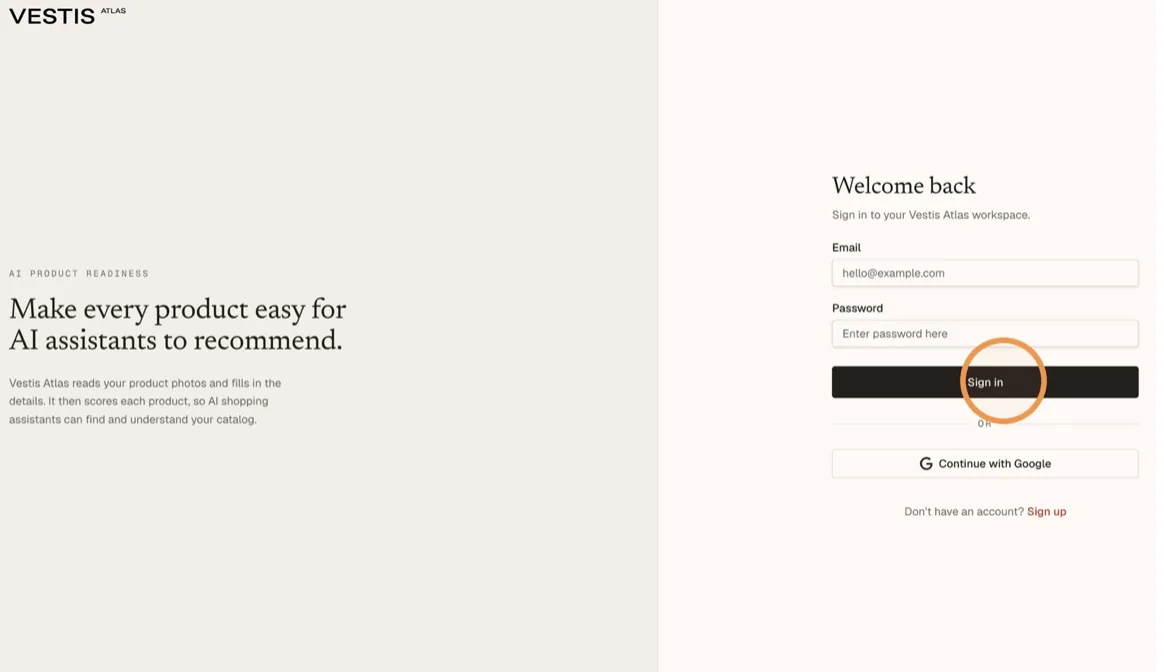 Click the Email field and enter your Atlas address and password, or use Continue with Google.