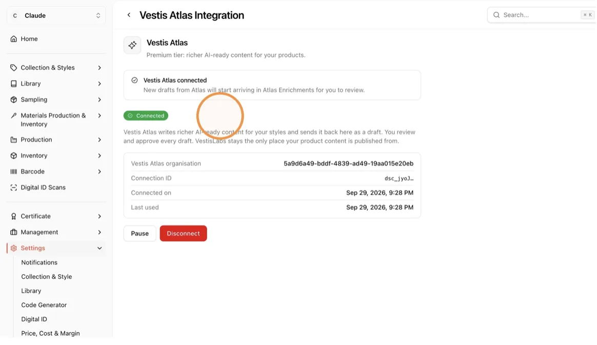 Note the organisation ID, connection ID, and connected/last-used timestamps for reference.