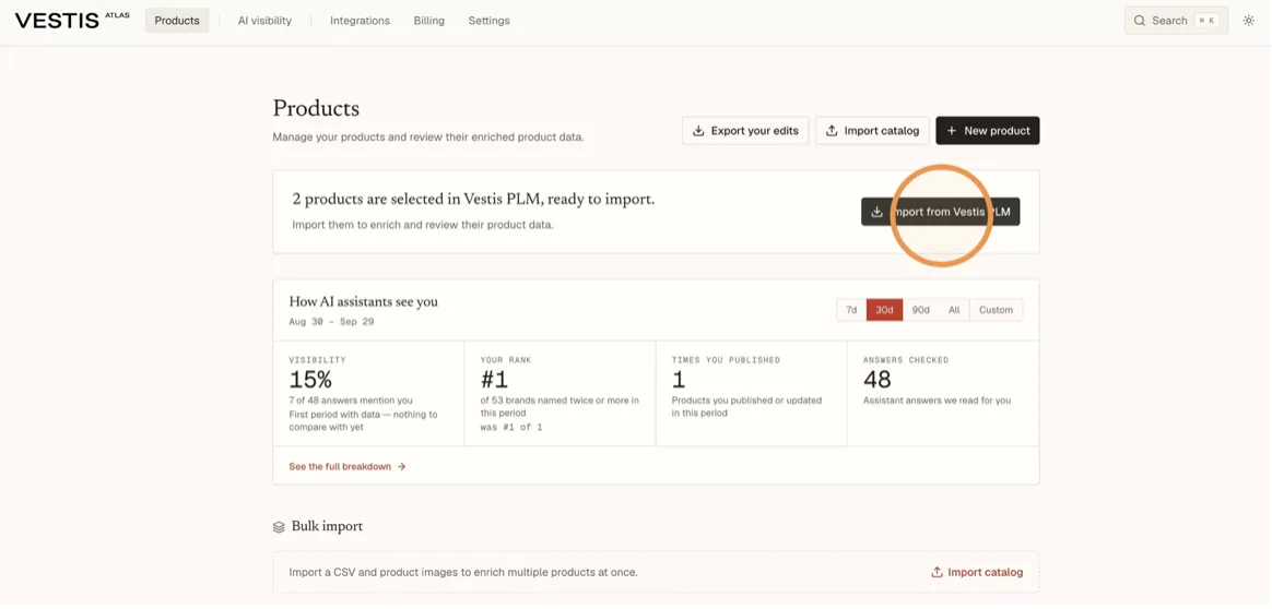 On the Products page, click Import from Vestis PLM.