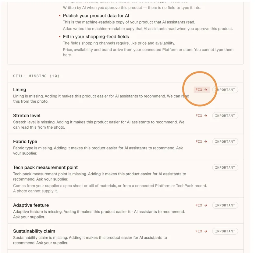 Click Fix next to a missing field, such as Lining.