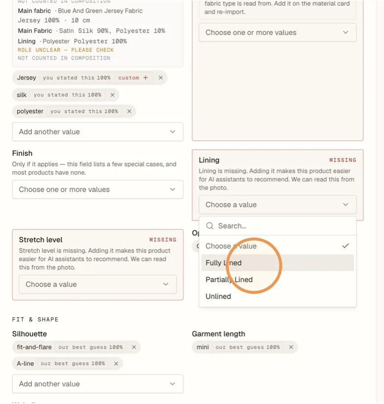 Choose the correct value from the dropdown, for example "Fully Lined".