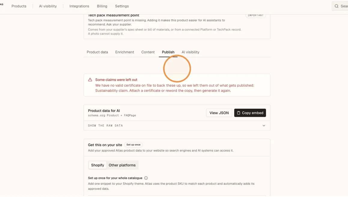 Open AI visibility to see the product's current readiness score and any items still missing.