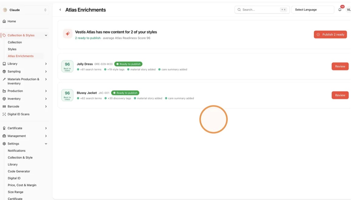 Review the styles marked "Ready to publish" and their readiness scores.