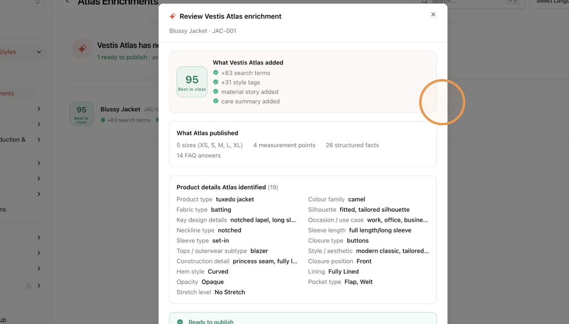 Switch to Atlas Enrichments in Vestis, click Review, and read the proposed content.