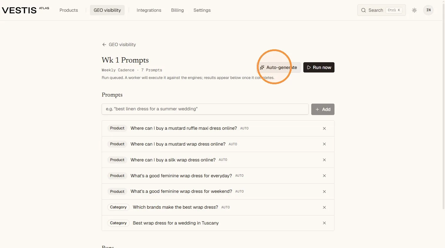 Select "Write questions for me" to let Atlas suggest product and category questions from your approved products.