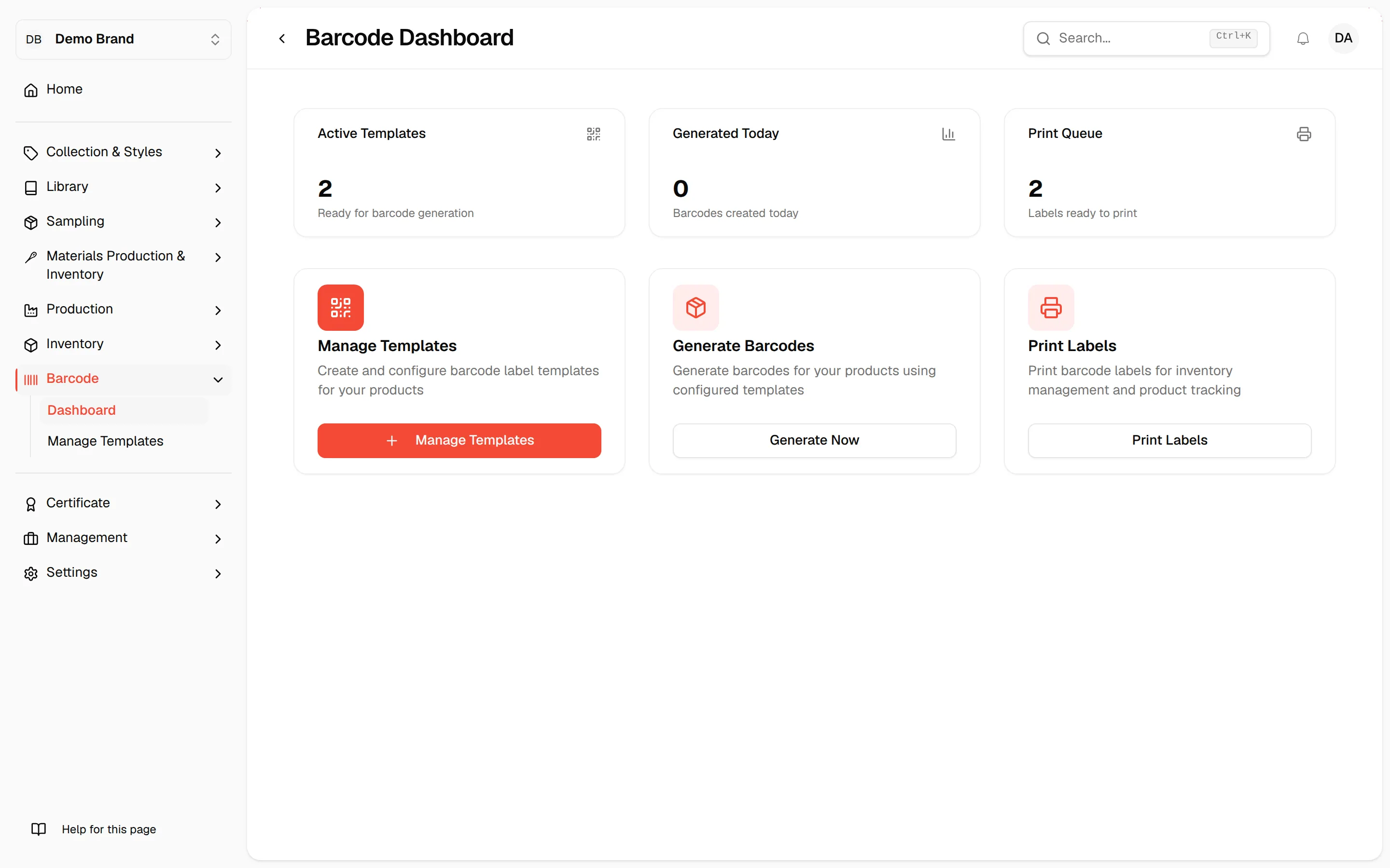 The Barcode Dashboard with the three summary cards and the Manage Templates, Generate Barcodes and Print Labels cards