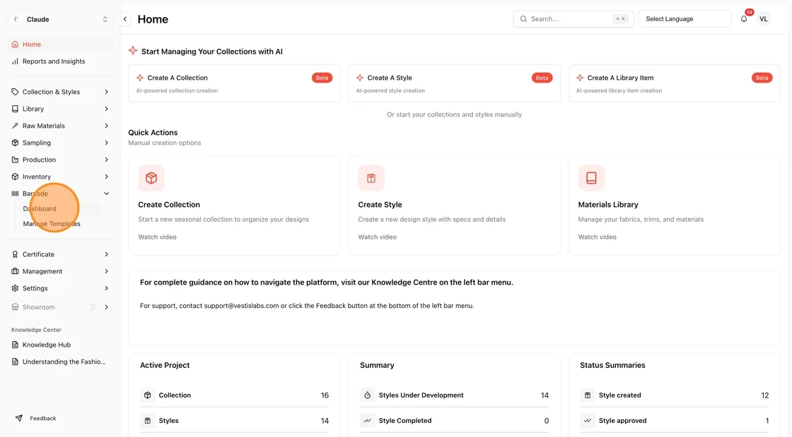 Navigate to the Barcode Dashboard from the left sidebar menu