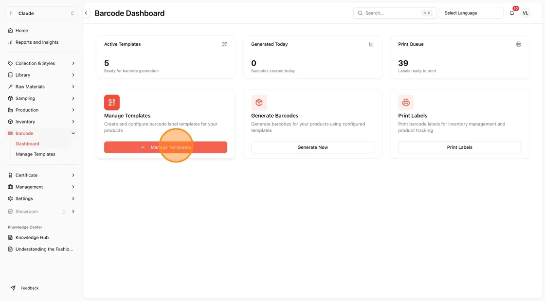 Navigate to the Barcode Manage Templates from the left sidebar menu