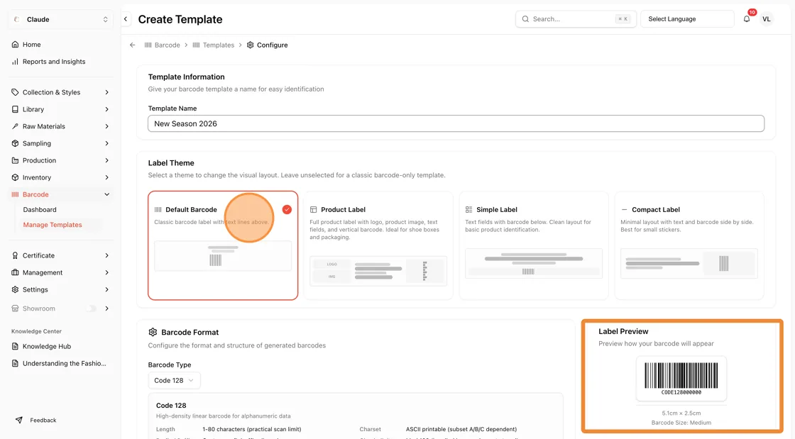 On the right side of the screen, the Label Preview section provides a real-time visualization of your selected theme.