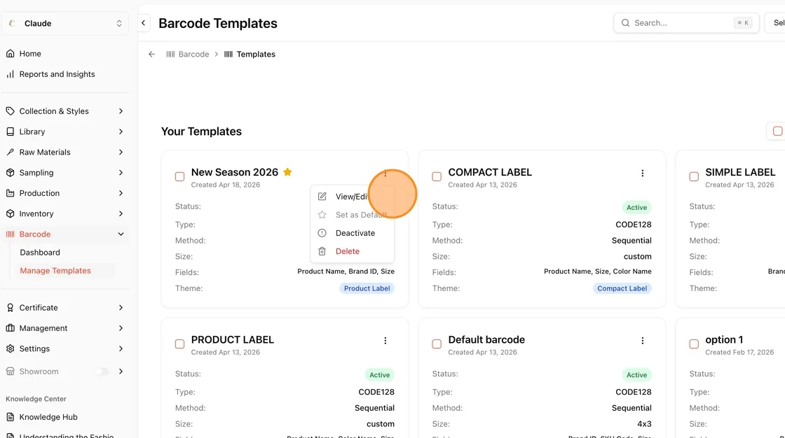N.B: Through this page, users can also manage their existing barcode templates.