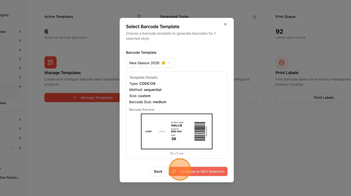 Click “Continue” to move to the SKU selection page.