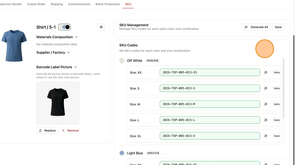 Check that the style SKU code has been successfully generated before generate the barcode in the Style production SKU…