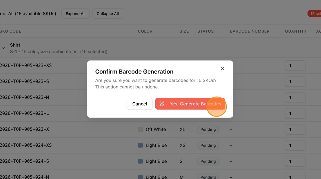 Confirm Review your selection, then confirm the barcode generation action to proceed.