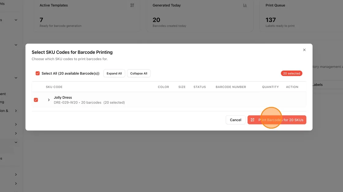 The "Select SKU Codes for Barcode Printing" modal lists all SKUs for the style.