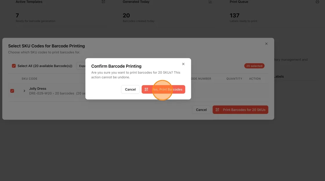 Click Yes, Print Barcodes to confirm.