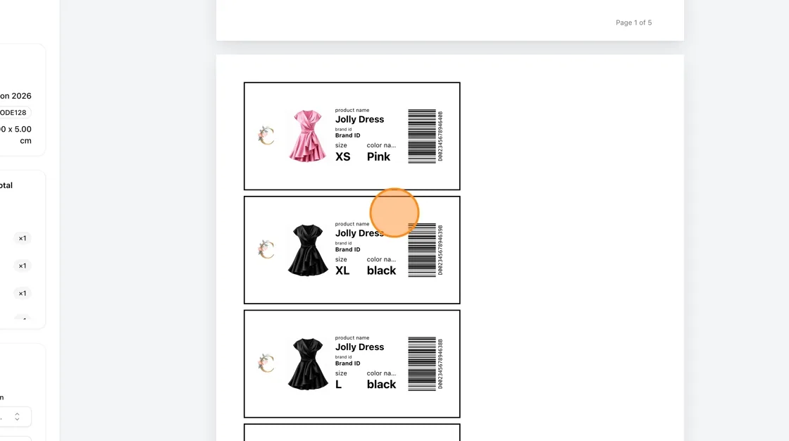 The system generates the labels across multiple pages — each label shows the product name, brand ID, size, color name, and…