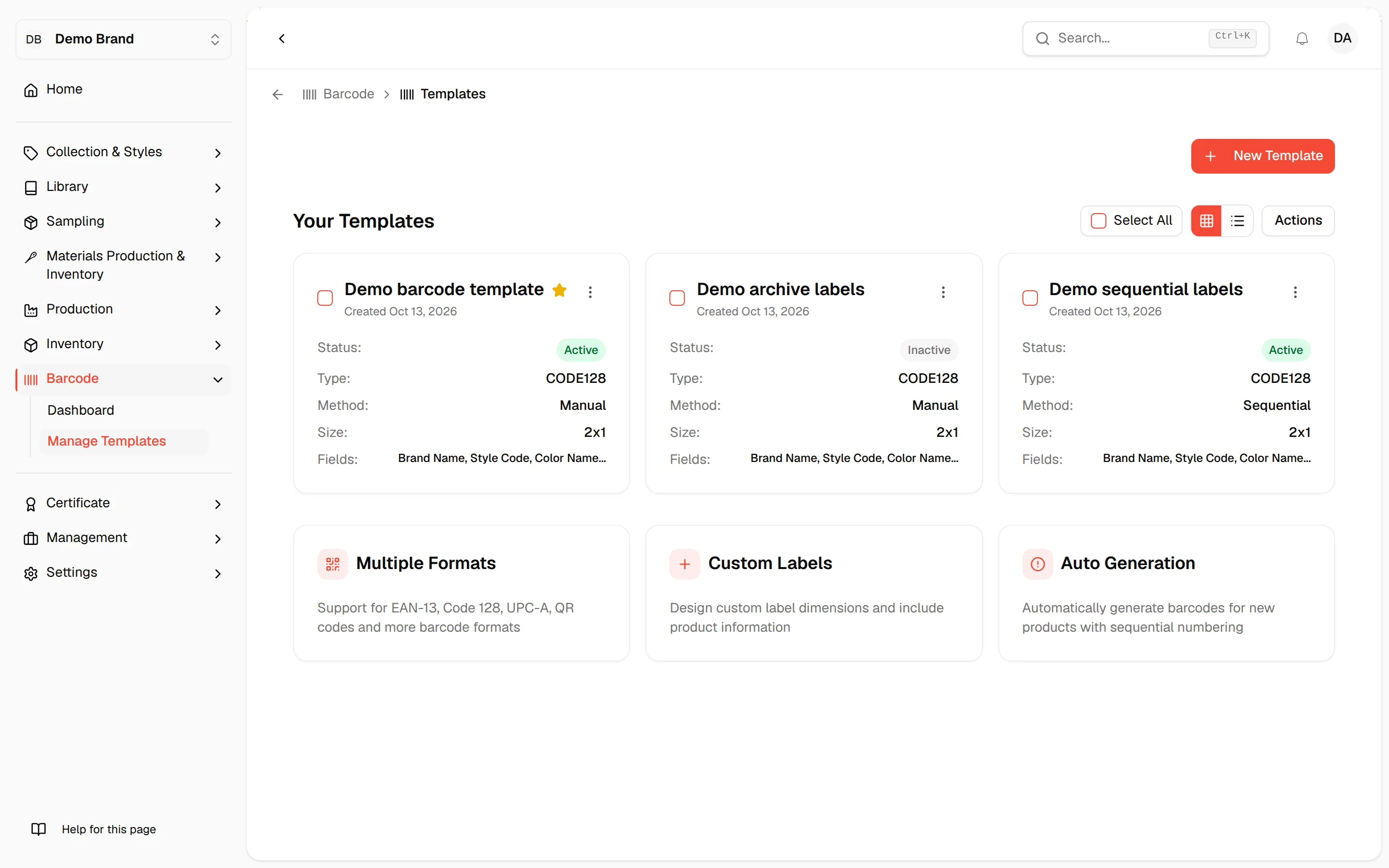The Manage Templates page with the barcode templates, their status and the New Template button