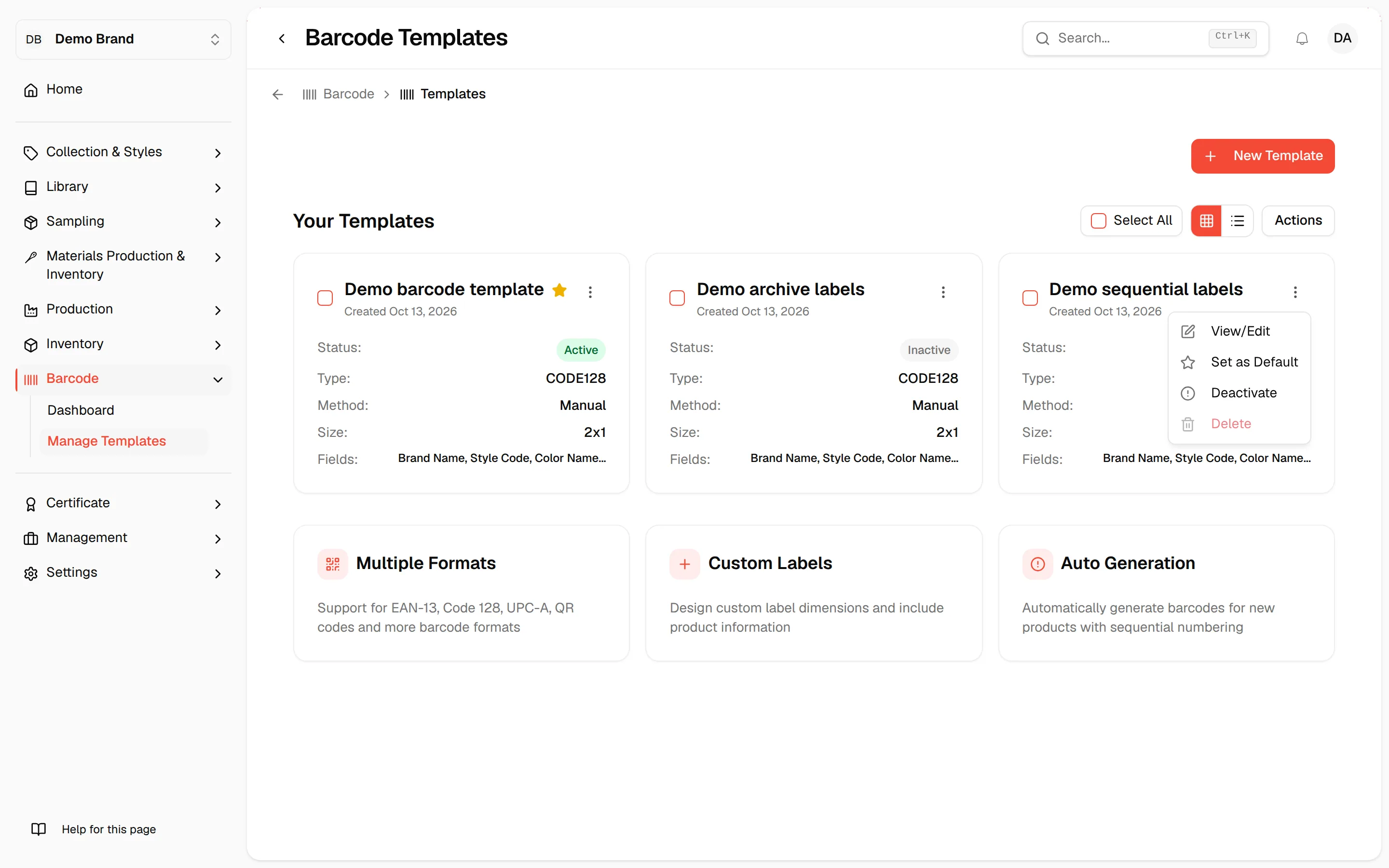 The three dots menu of a template with View/Edit, Deactivate, Set as Default and Delete
