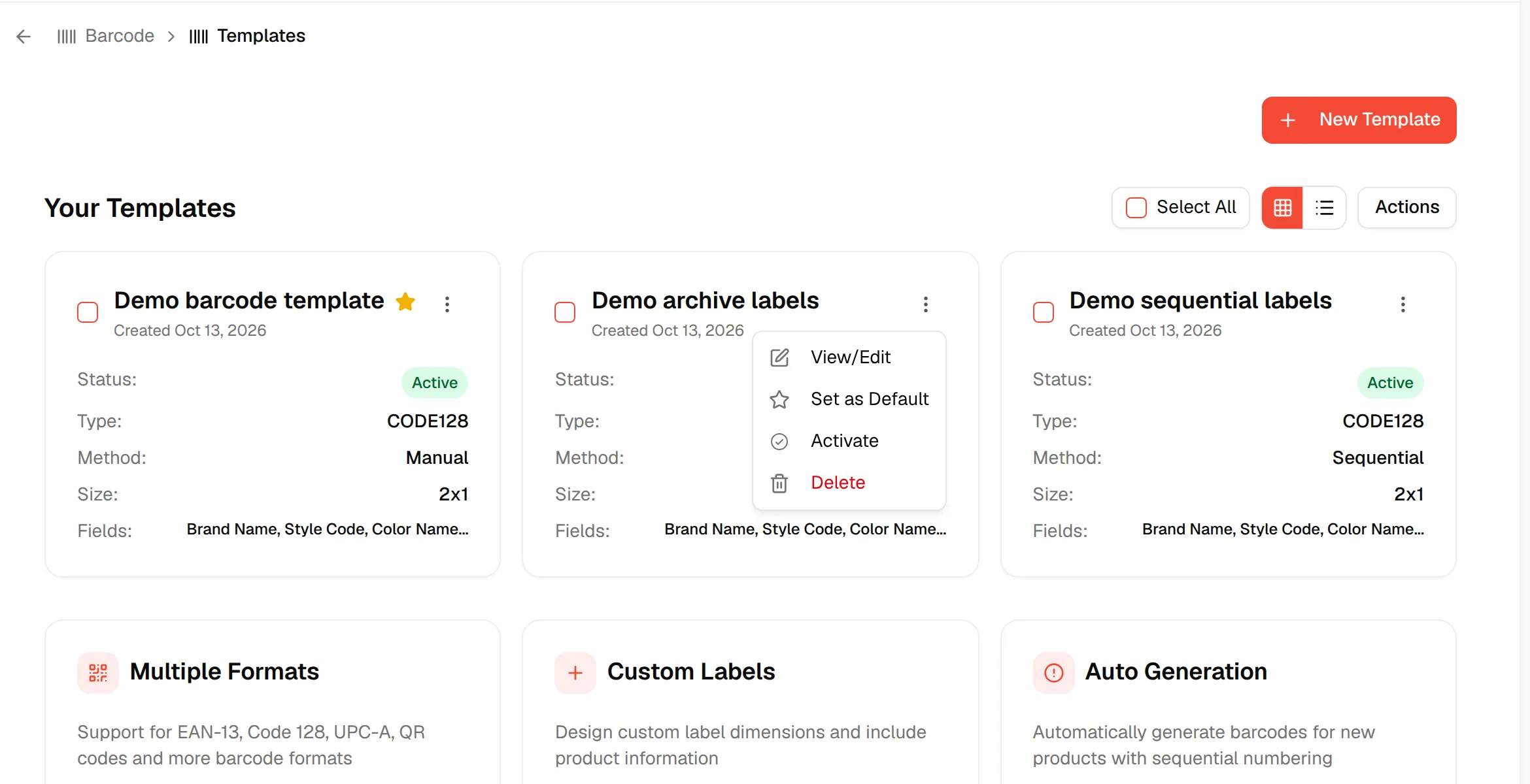 The three dots menu of an inactive template offering Activate