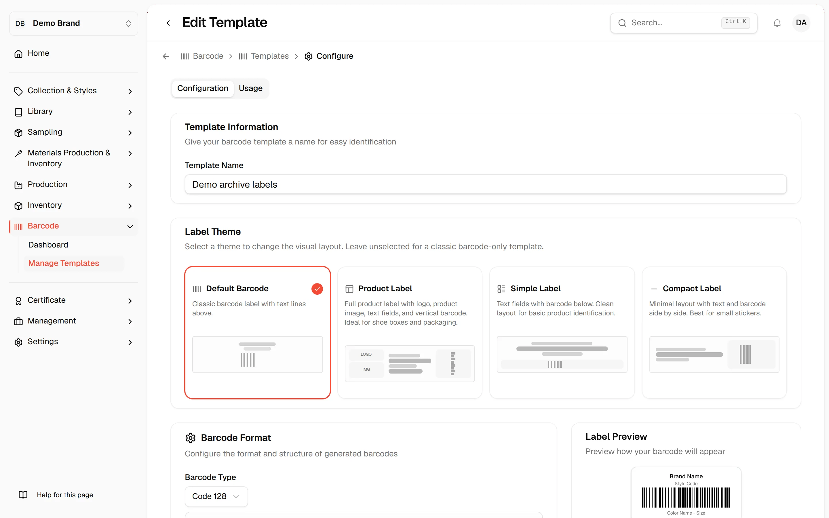 The Configuration tab of an existing template, with the Save Template button