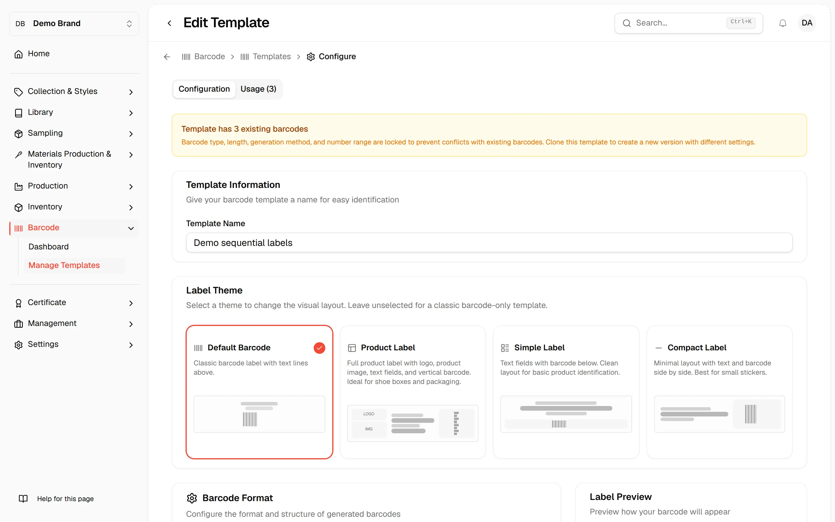 The Configuration tab of a template that already has barcodes, with the locked settings message
