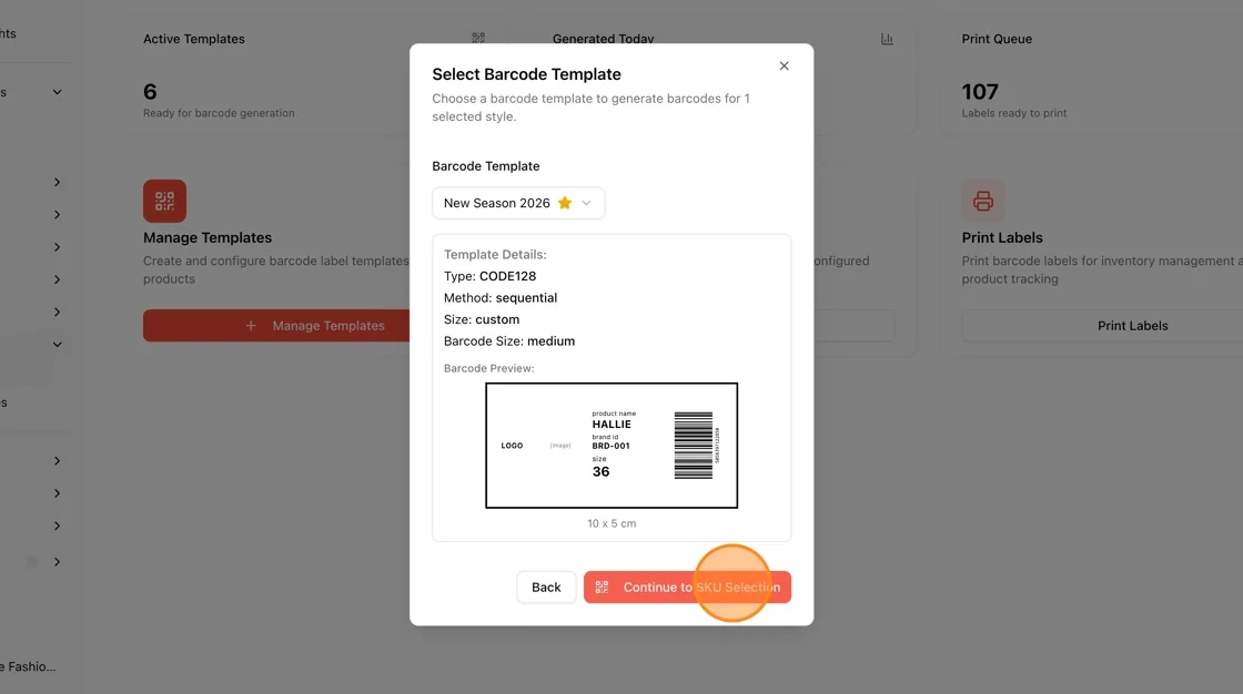 Click “Continue” to move to the SKU selection page.