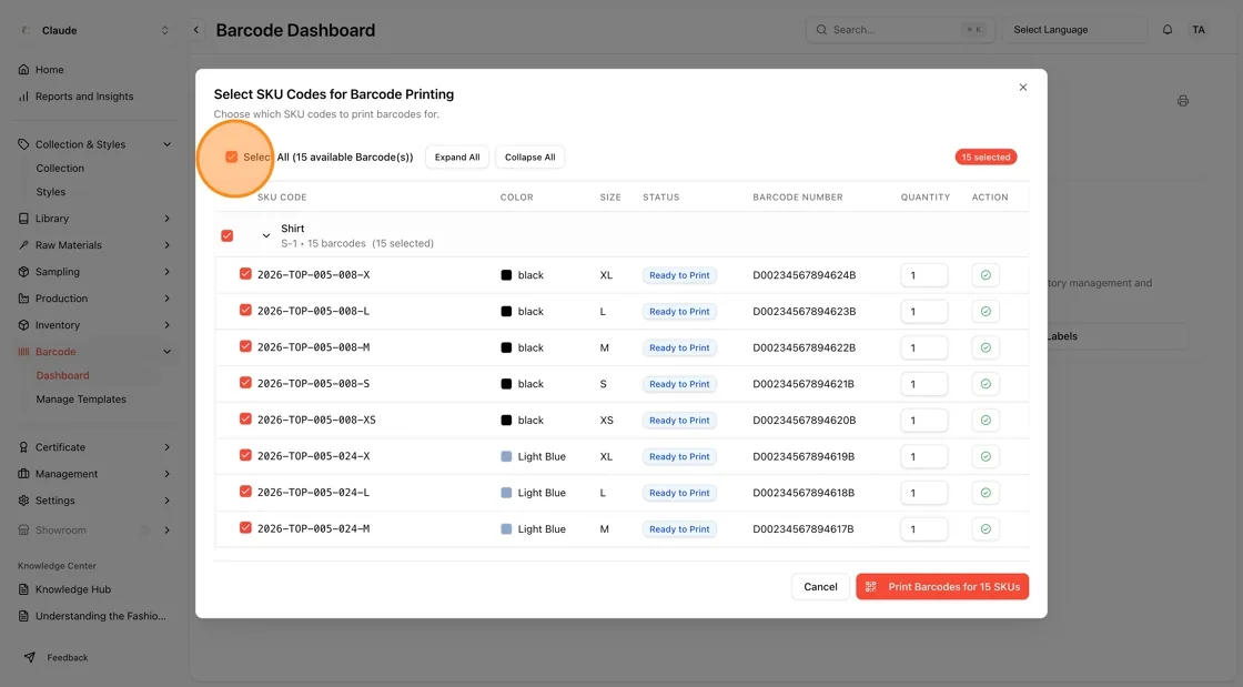 Choose all SKUs or only specific ones related to the selected style(s).