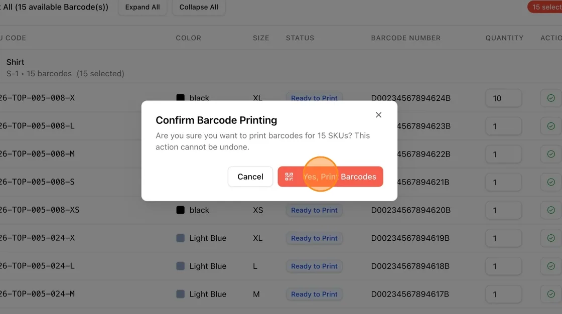 Confirm the barcode printing action.