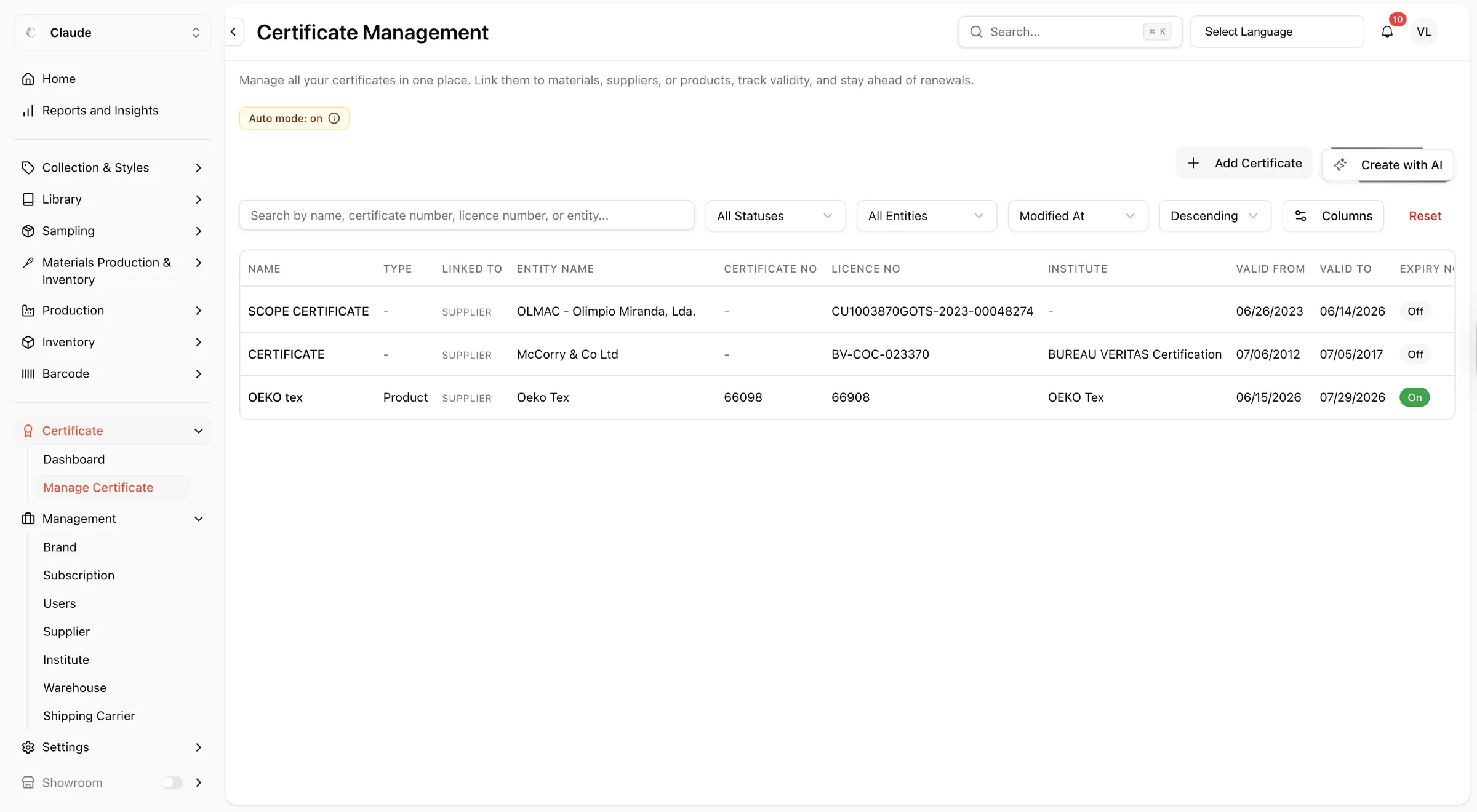 Navigate to Certificate Manage Certificate in the left bar menu.