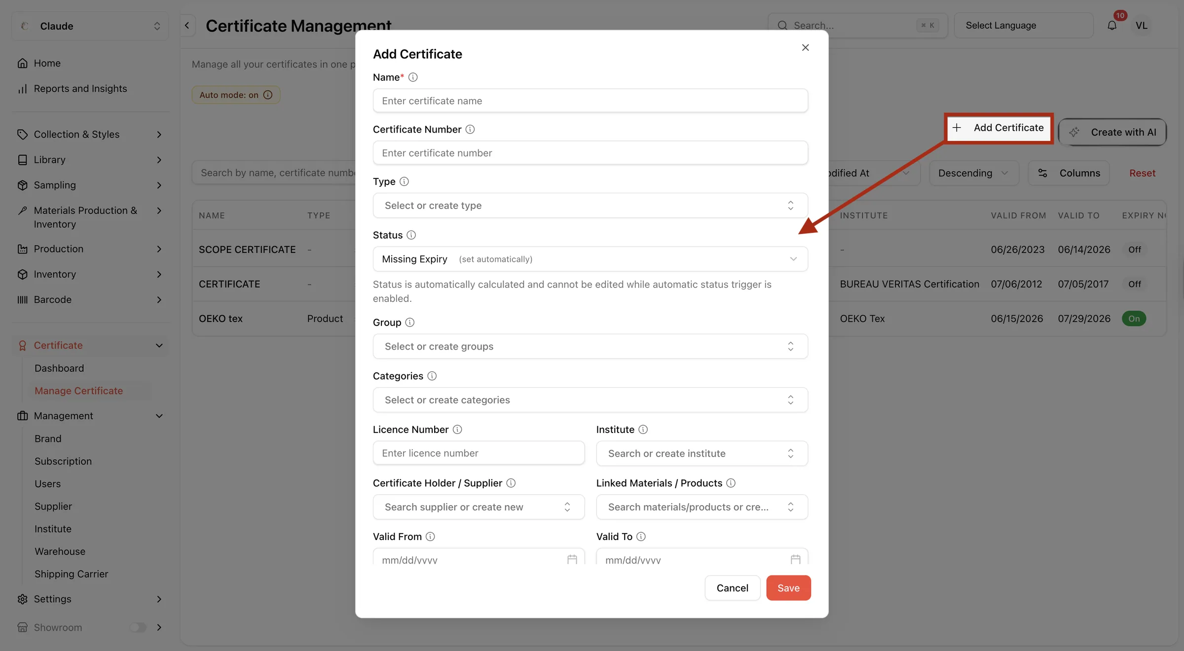 Click the + Add Certificate button to manually create a new certificate record.