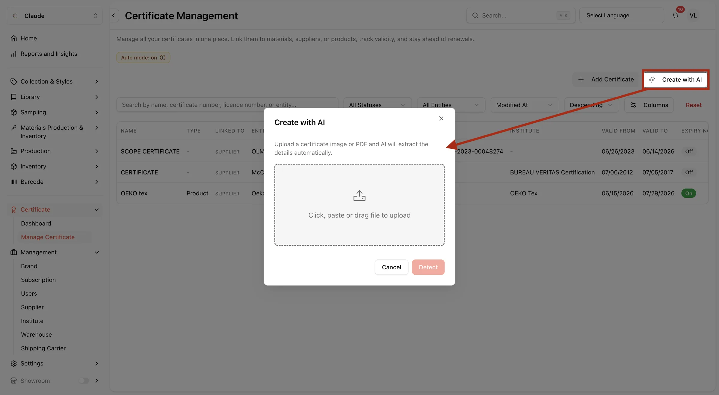 Click the Create with AI button to generate a certificate entry automatically, such as by extracting details from an…