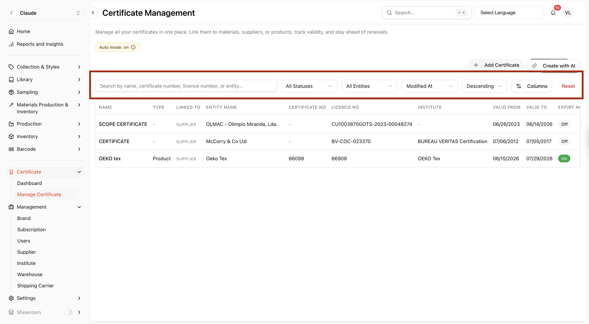 Above the certificate list, you can refine what you see: