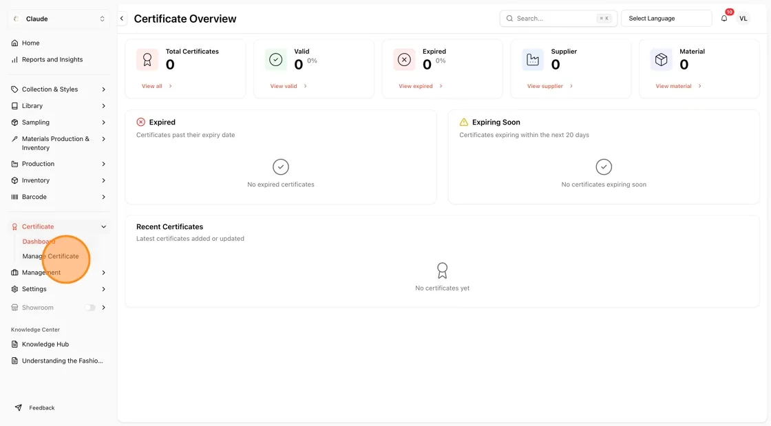In the left sidebar, click on Certificate to expand the menu, then click Manage Certificate.