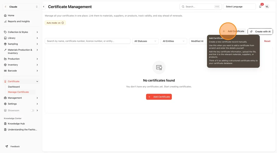 On the Certificate Management page, click the + Add Certificate button in the top-right area.