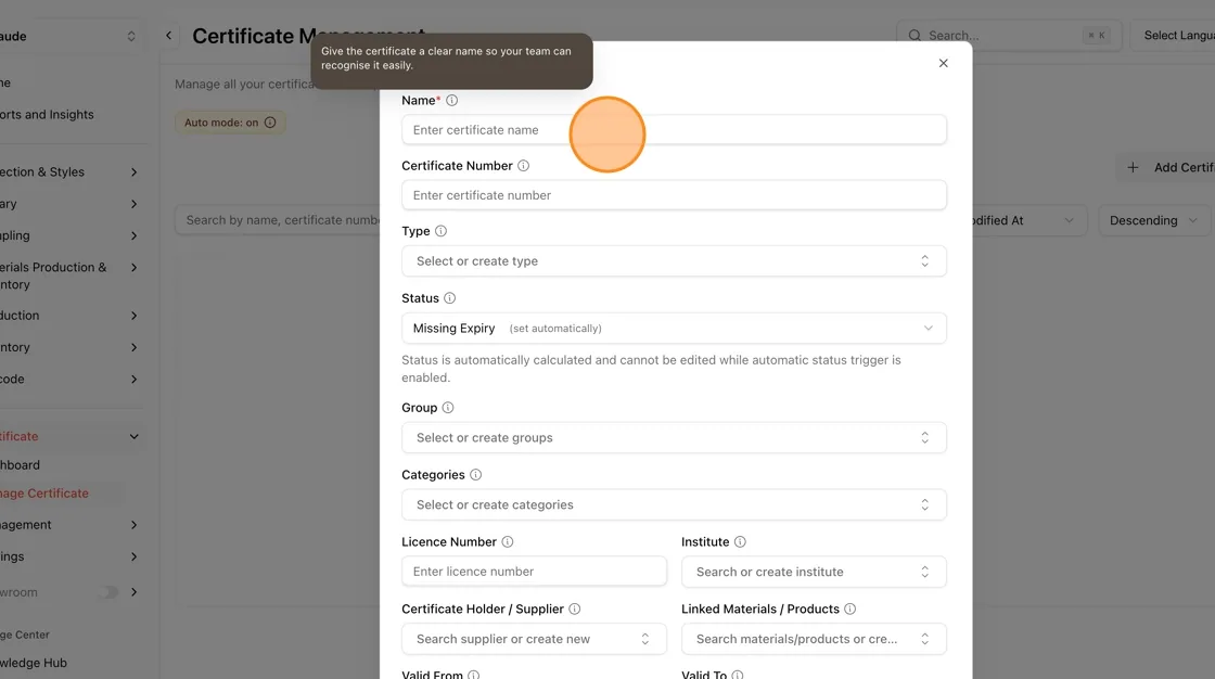 In the Add Certificate dialog that appears, type the certificate name in the Name field (required)