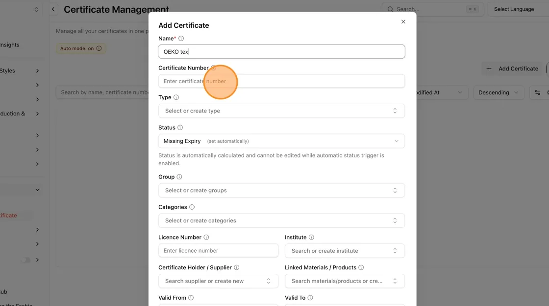 In the Certificate Number field, enter the certificate number.