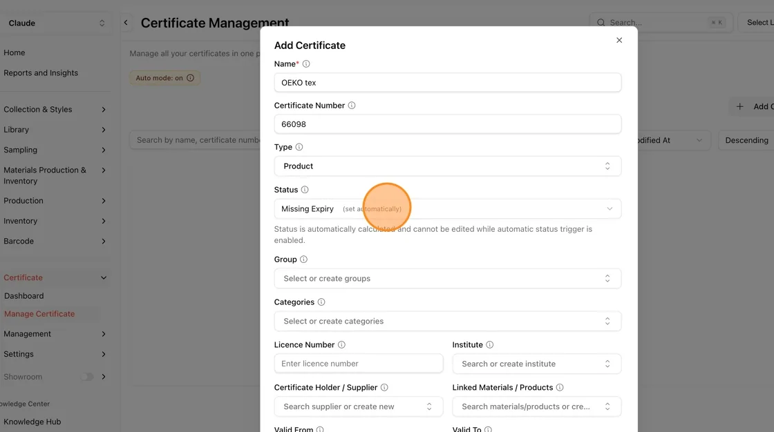 The Status field is automatically set (e.g., Missing Expiry) and cannot be edited manually while Auto mode is enabled.