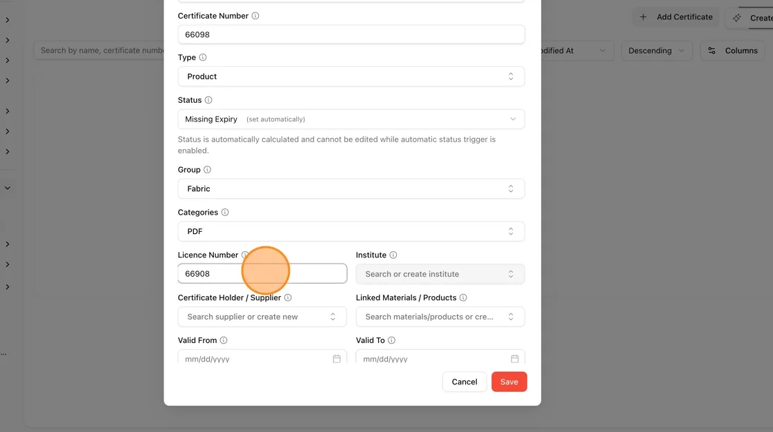 In the Licence Number field, enter the licence number associated with the certificate.