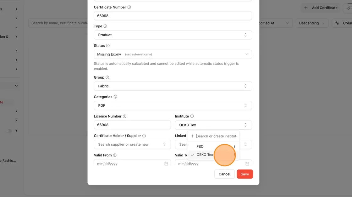 In the Institute field, search for an existing institute or type to create a new one.
