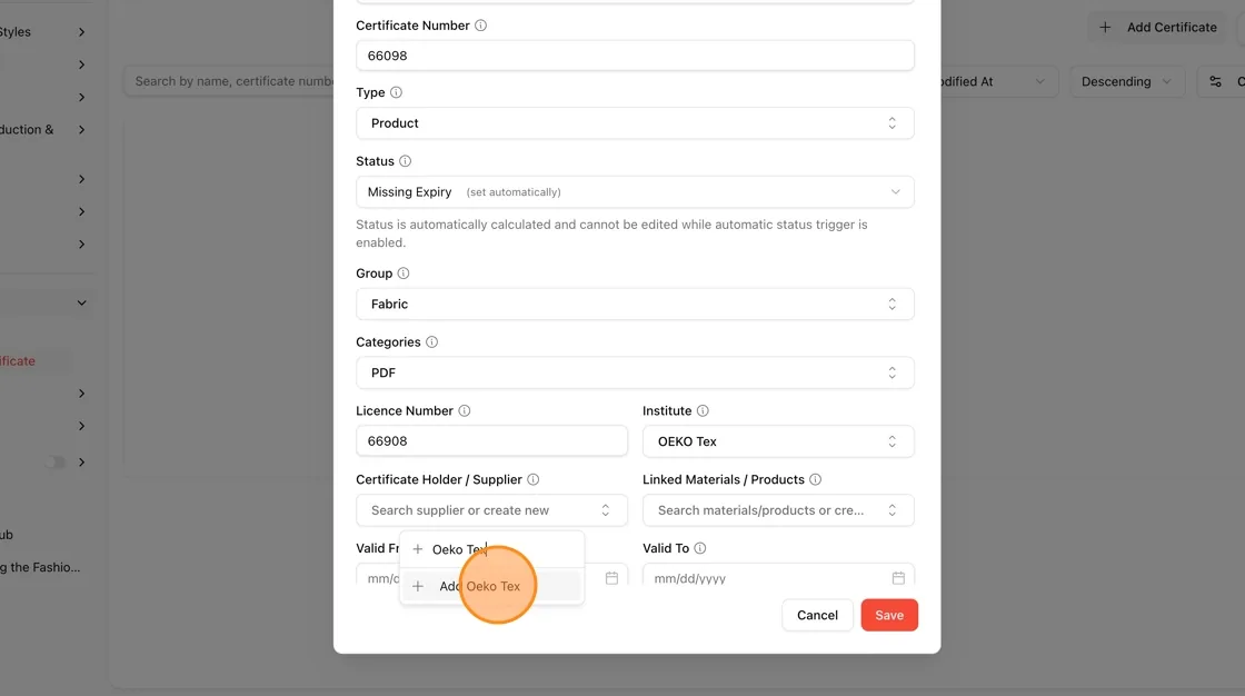 Click the Certificate Holder / Supplier field and search or create a new supplier.