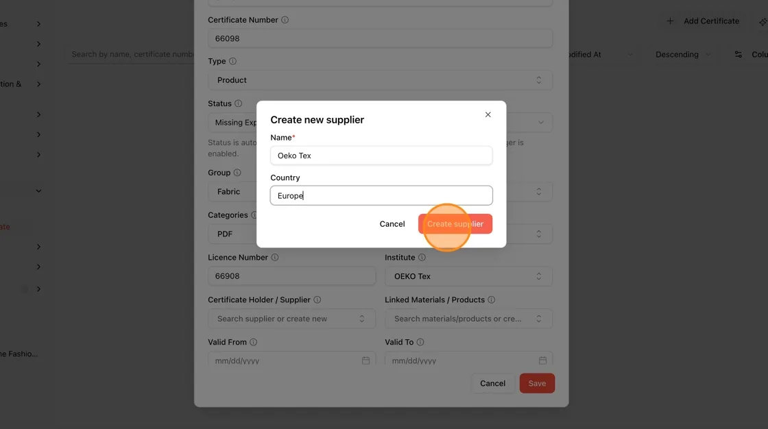 If creating new, a Create new supplier dialog appears.