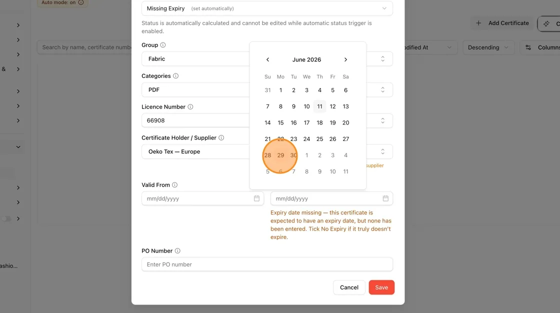 Click the Valid From date field and select the start date from the calendar picker.