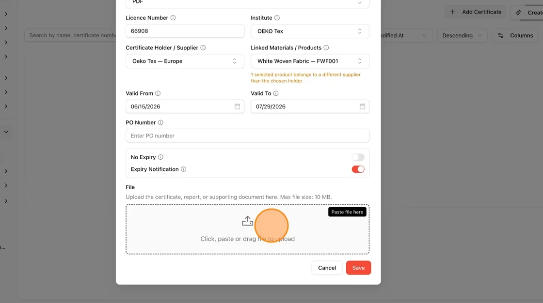 In the File section, click, paste, or drag the certificate file into the upload area.