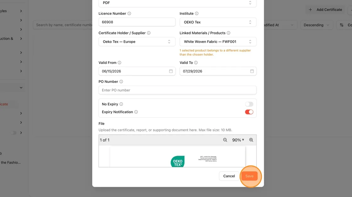 Review all entered details, then click the Save button (red) at the bottom-right of the dialog.