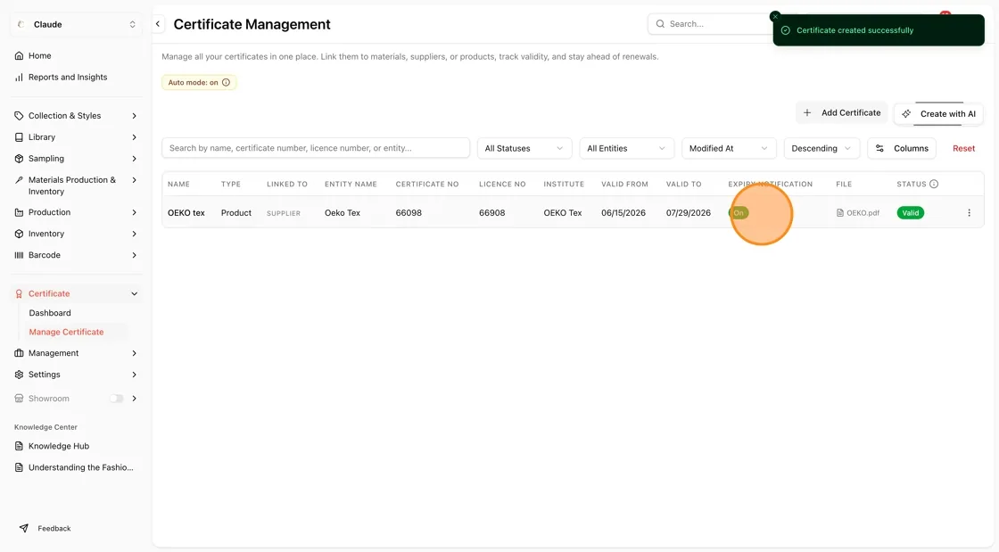 A success notification Certificate created successfully appears at the top of the screen.