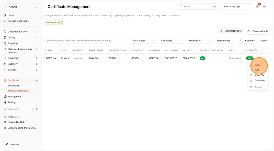 Click View from the dropdown menu to open a summary of the certificate.